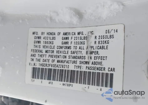 2014 Honda Accord Ex-L из США, поврежденный, VIN 1HGCR2F80EA228210